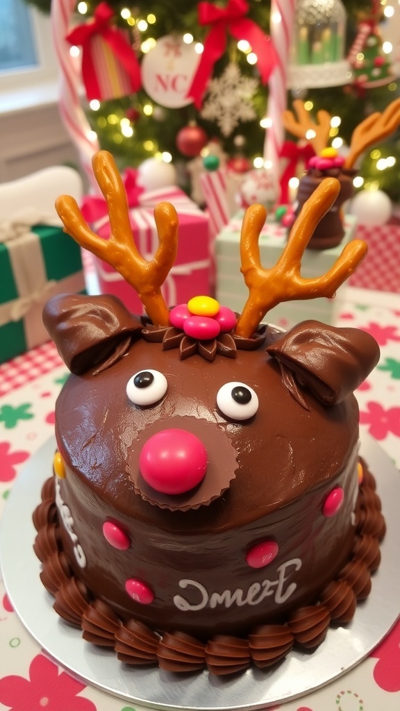 Christmas Decorated Reindeer Recipe A decorated reindeer cake with pretzel antlers and candy features on a festive table.